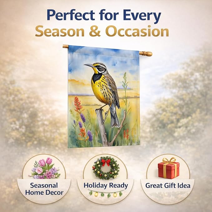 Caroline's Treasures Kansas Western Meadowlark House Flag Large Porch Sleeve Pole Decorative Outside Yard Banner Artwork Wall Hanging, Polyester, House Size, Multicolor