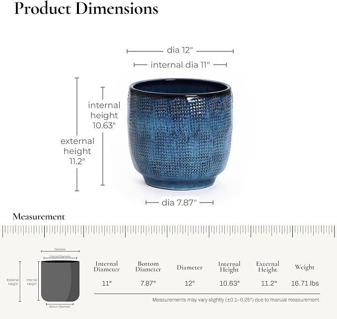 LuxenHome 12" Dia Large Ceramic Pots for Plants, Blue Glazed Planters for Outdoor Plants, Round Indoor Flower Pots with Drainage Hole and Rubber Plug for Home Garden Patio