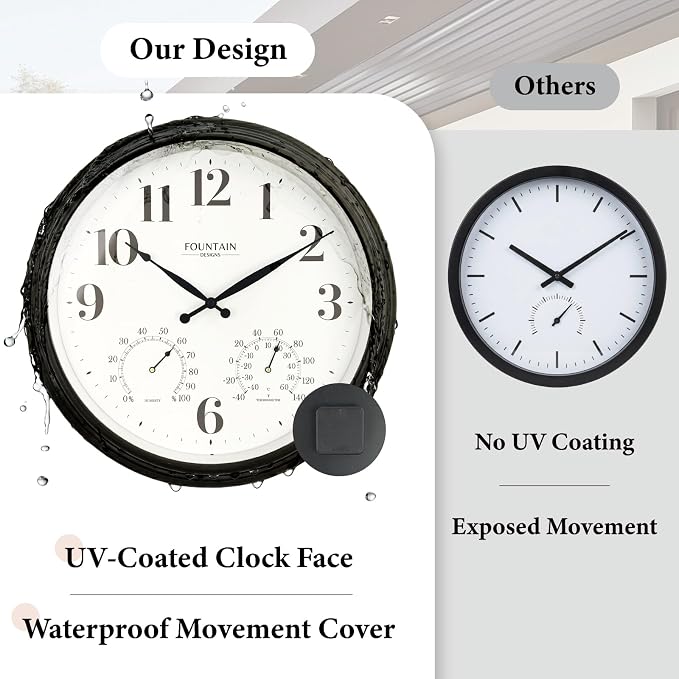 Maison 18 Inch Outdoor Clocks for Patio Large Waterproof with Thermometer,Outdoor Clock with Temperature and Humidity Combo,Weatherproof, Easy to Read,Oil Rubbed Bronze Black