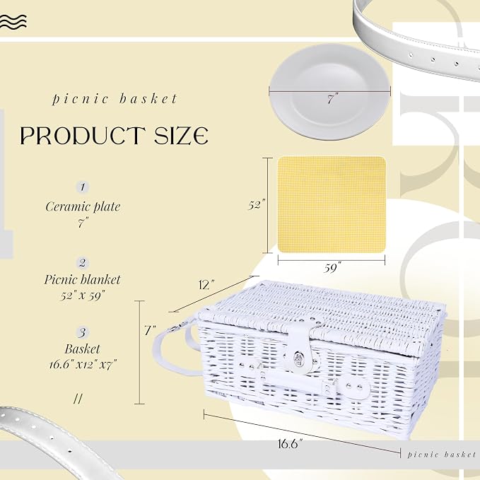 Picnic Basket Set for 4 with Waterproof Blanket Mat Insulation Bag Wicker White Yellow Light Fresh Gifts for Wedding Birthday Summer Camp Outdoor Camping Beach Travel Christmas Thanksgiving