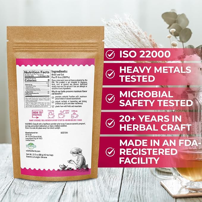 40 Bags Pau D'Arco Herbal Tea (Tabebuia Impetiginosa) - 40 Count 1.5g Bags Dried Pau D'Arco Bark Herb Tea