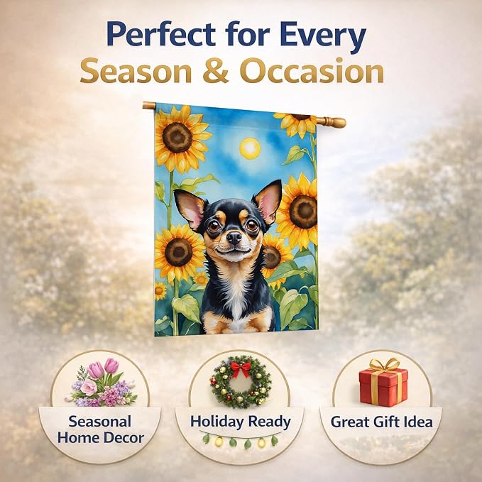 Caroline's Treasures DAC6052CHF Chihuahua in Sunflowers House Flag Large Porch Sleeve Pole Decorative Outside Yard Banner Artwork Wall Hanging, Polyester, House Size, Multicolor
