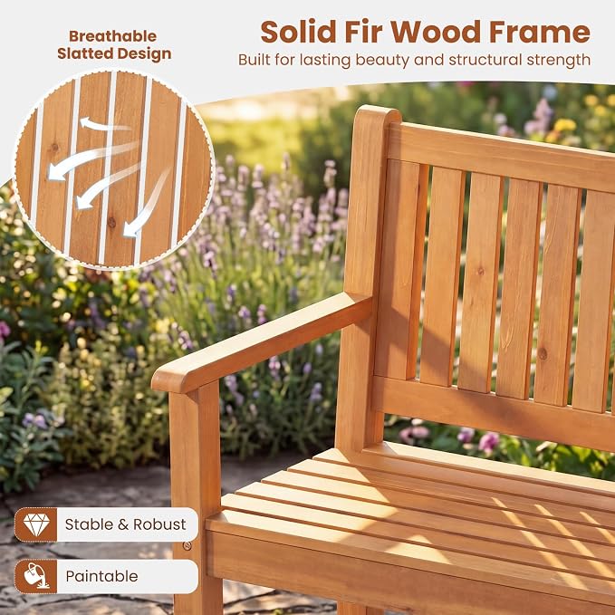 Tangkula 3-Seater Outdoor Wooden Bench, 59” Large Garden Bench with Backrest, Armrests, Slatted Seat, Loads up to 990 LBS, Fir Wood Bench Seating for Porch, Backyard, Deck, Poolside (59",Natural)
