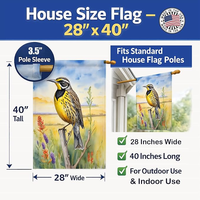 Caroline's Treasures Kansas Western Meadowlark House Flag Large Porch Sleeve Pole Decorative Outside Yard Banner Artwork Wall Hanging, Polyester, House Size, Multicolor