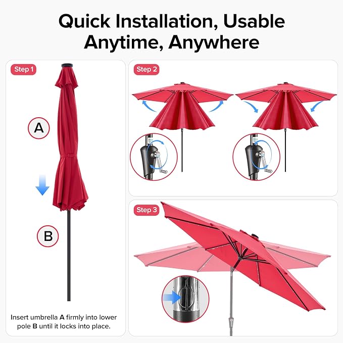 NEWBULIG 10ft Solar Patio Umbrella with 32 LED Lights, Table Market Umbrella with Tilt Adjustment & Crank Lift, Outdoor Sun Umbrella for Garden, Deck, Backyard, Pool and Beach