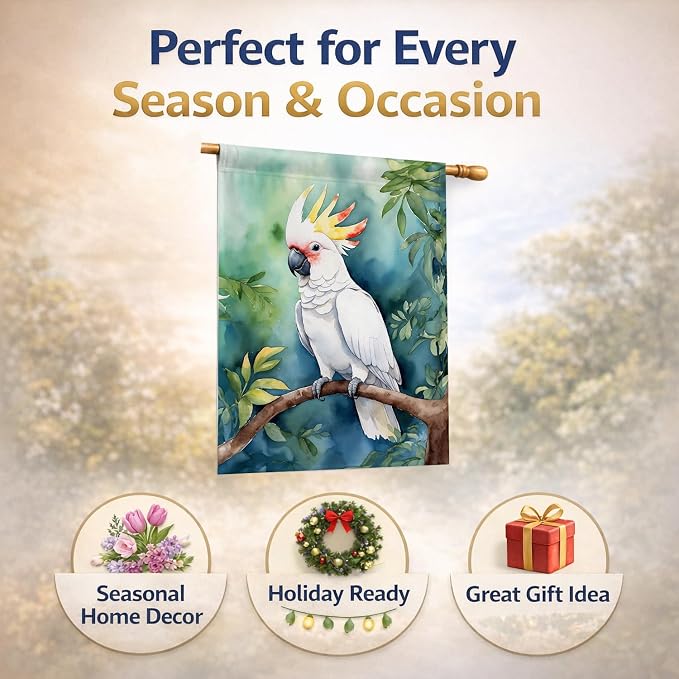 Caroline's Treasures Cockatoo House Flag Large Porch Sleeve Pole Decorative Outside Yard Banner Artwork Wall Hanging, Polyester, House Size, Multicolor