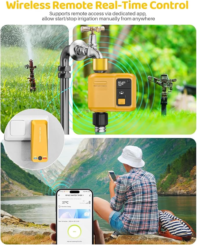 WiFi Water Timer 1 Zone for Garden Hose, Smart Sprinkler Timer with 984ft RF Range, Smart Lawn Watering System Irrigation Controller, APP/Voice Control, Rain Delay, Automatic/Manual Irrigation