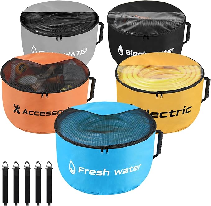 5 Pack RV Sewer Hose Storage, Visible Cover And Two-Way Zipper RV Hose Storage Bags, Waterproof RV Accessories Bags Utility Bag Organizer for Garden Fresh Water Hoses Cords Camper Tools