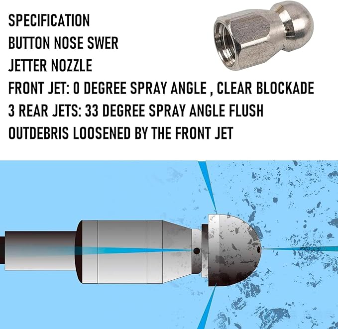 Xiny Tool Sewer Jetter Kit for Pressure Washer 150FT, 4000 PSI Drain Cleaner Hose 1/4 Inch NPT, Corner Rotating and Button Hose Sewer Jetting Nozzle Pearl Corsage Pin Tape Handle Strap Spanner, Blue