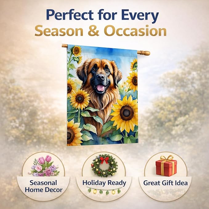 Caroline's Treasures DAC6115CHF Leonberger in Sunflowers House Flag Large Porch Sleeve Pole Decorative Outside Yard Banner Artwork Wall Hanging, Polyester, House Size, Multicolor