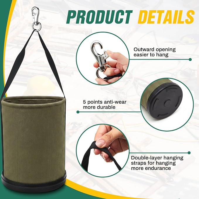2 Pack Canvas Bucket 15" x 12" Heavy Duty Lineman Tool Bag with Plastic Bottom & Metal Hook Electrician Tool Organizer for Jobsite Use, Load Rated up to 150 Pounds (Army Green)