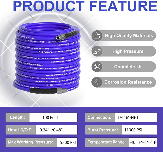 100FT Sewer Jetter Kit for Pressure Washer 1/4" NPT Drain Cleaner Hose 5800PSI Corner Rotating and Button Hose Sewer Jetting Nozzle Pearl Corsage Pin Tape Handle Strap Spanner
