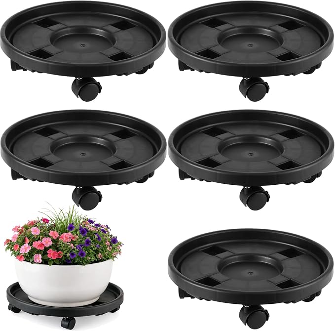5-pack 14.2" Large Plant Caddy with Wheels Plastic Plant Dolly with Locking Caster Flower Pot Mover Rollers Wheeled Rolling Plant Stands Round Plant Saucer on Wheels Indoor Outdoor Base Coasters Black
