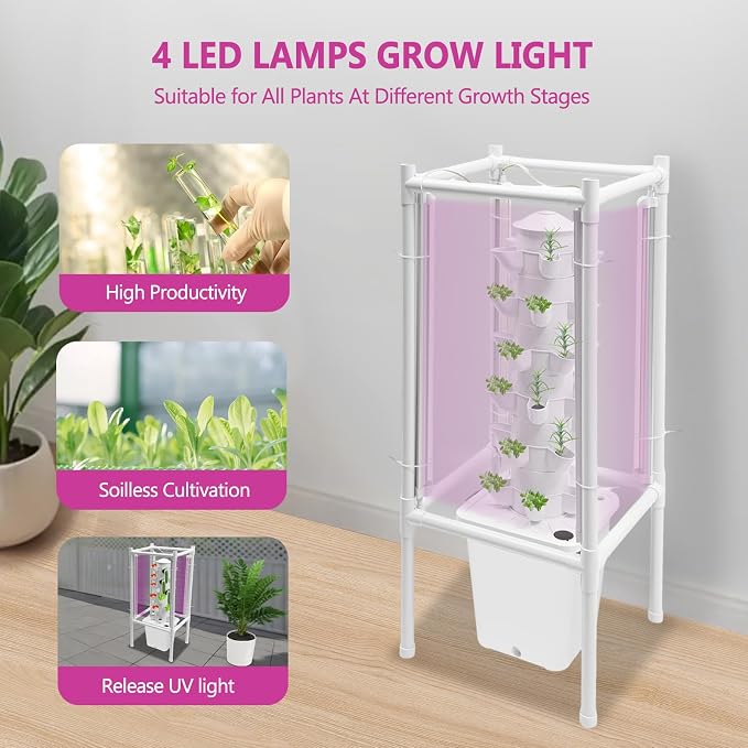 Hydroponic Tower Growing System Kits with LED Grow Lights 30 Pods Indoor Vertical Planter Germination Kit 6 Layers Hydroponic Tower for Fruits, Vegetables, Herbs, and Miniature Greens (White)