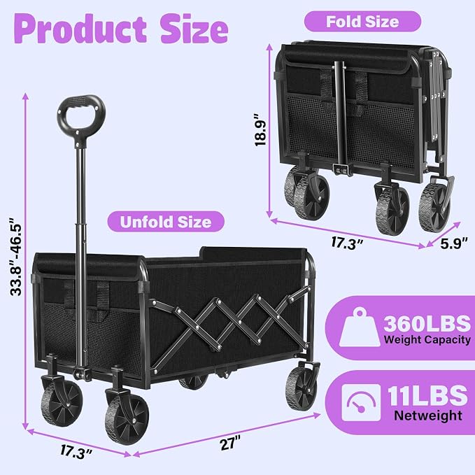 Wagon Cart Foldable,360Lbs Collapsible Wagon Cart with Wheels Portable, All Terrain Outdoor Utility Carts for Groceries, Camping, Sports, Garden, Shopping, Black