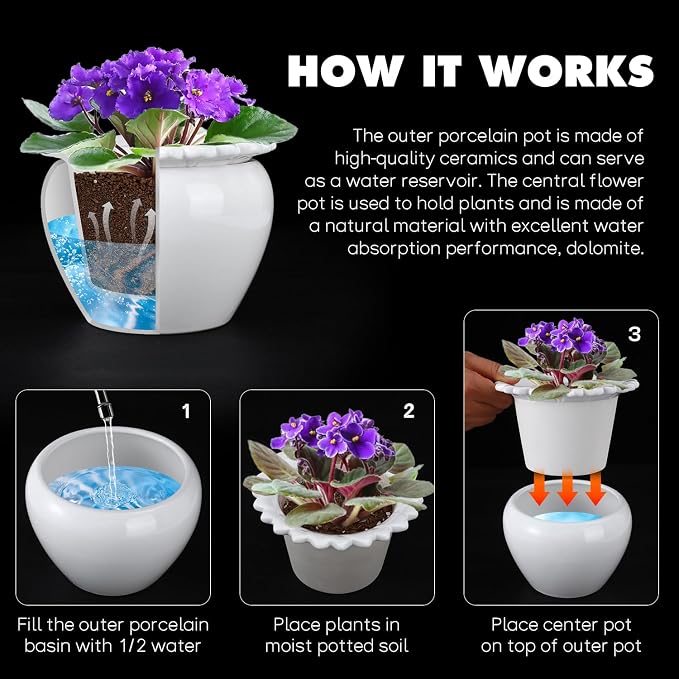 African Violet Flower Pot Ceramic Self Watering Flower Pot 6.5 * 4.6 * 4 inch Simple Plant Self Watering Pot Indoor Flowers High Absorption Herbaceous Flower Pots Modern Decor Pots