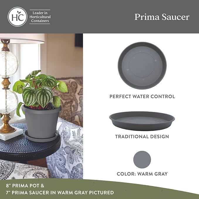 The HC Companies 10.5 Inch Prima Round Plant Saucer, Lightweight UV-Resistant Plastic Outdoor & Indoor Flower Pot Tray, 2-Pack Plant Pot Trays for Garden & Home Decor, Warm Gray