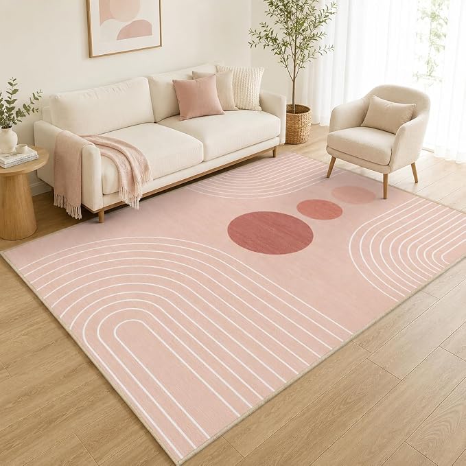 Boho Rug 3x5 Modern Geometric Minimalist Abstract Line Area Rug for Entryway Living Room Pink Mid Century Modern Machine Washable Non-Slip Printed Low-Pile Floor Carpet for Kitchen Bedroom Pink
