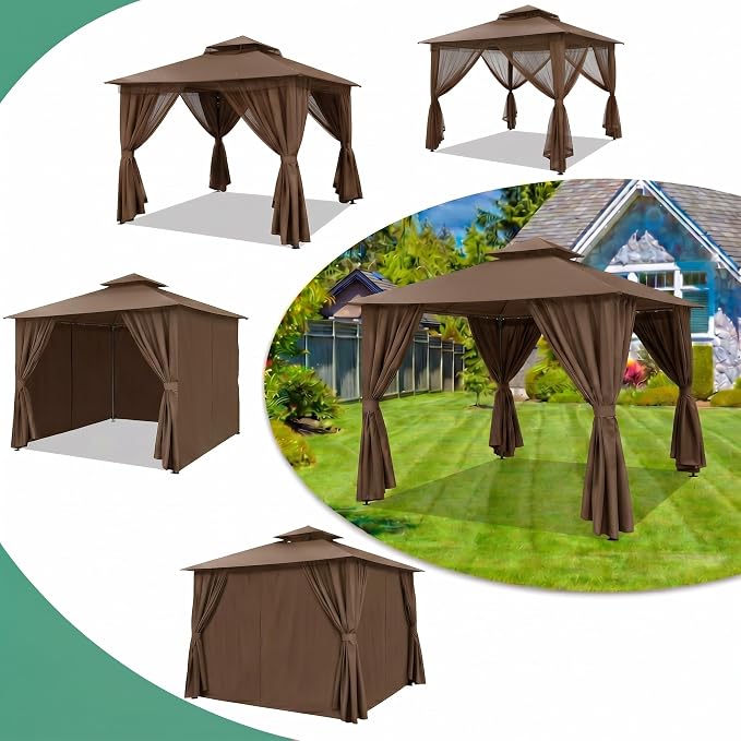 COBIZI 10x10 Gazebo with Double Roof & Mosquito Netting Outdoor Heavy-Duty Party Tent, Patio Tent with Zipper Screens - Backyard Garden Lawn Shelter Includes Wind Ropes Expansion Bolts, Brown