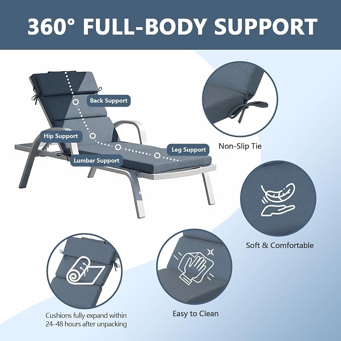 Goodgoods 77"x25"x2.75" Sunbrella Outdoor Lounge Chair Cushion, Fade-Resistant & Water-Resistant Patio Furniture Cushion with 30D High Resilience Foam, Insert Straps, Spectrum Denim