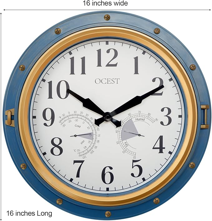 OCEST 16 Inch Indoor Outdoor Clock, Waterproof Wall Clock with Thermometer Hygrometer, Silent Non-Ticking Battery Operated Decor for Home Decor, Patio(Blue)