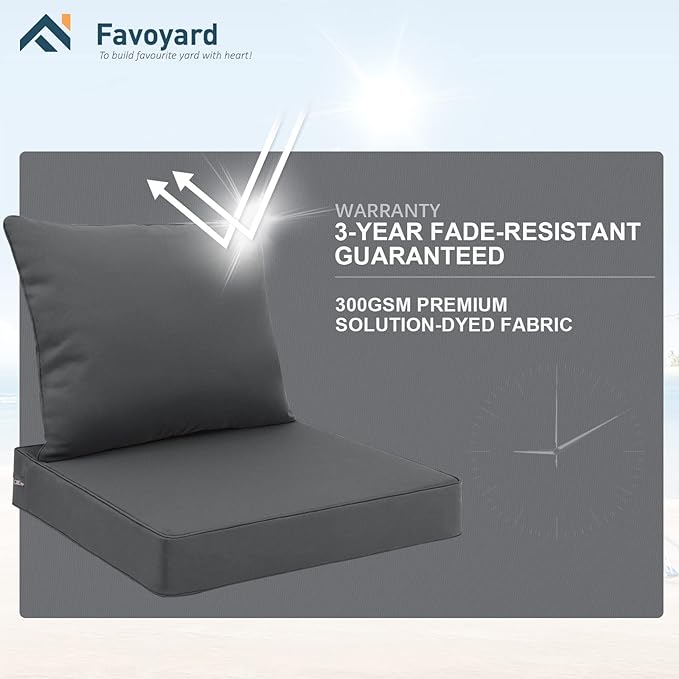 Favoyard Outdoor Seat Cushion Set 22 x 22 Inch Waterproof & Fade Resistant Patio Furniture Cushions with Removable Cover Deep Seat & Back Cushion with Tie Straps for Chair Sofa Couch