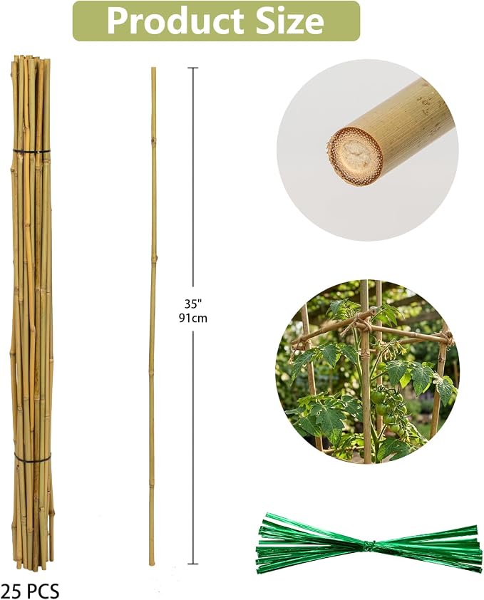 Plant Stakes Natural Bamboo Sticks - 25 Pcs Bamboo Garden Stakes for Plants 3 FT Plant Support Sticks with Twist Ties for Tomatoes Beans Orchid Flowers Indoor Outdoor Potted Climbing Plants