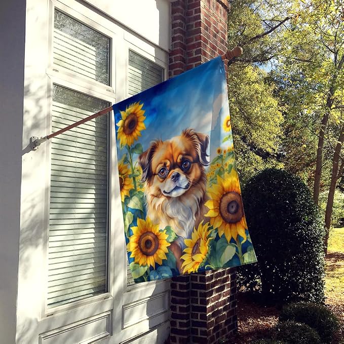 Caroline's Treasures DAC6167CHF Tibetan Spaniel in Sunflowers House Flag Large Porch Sleeve Pole Decorative Outside Yard Banner Artwork Wall Hanging, Polyester, House Size, Multicolor