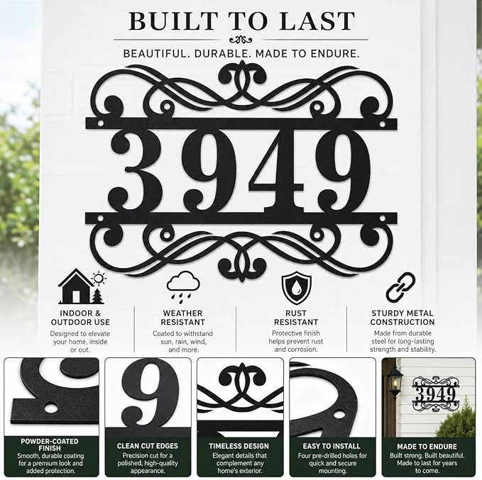 Personalized Metal House Number Sign Custom Address Plaque Modern House Numbers Outdoor Wall Mounted Address Sign Decorative Home Entry Porch Farmhouse Curb Appeal Gift for New Home