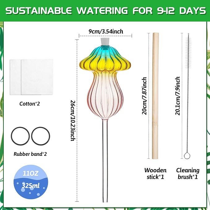 11 oz Large Plant Watering Globes, Glass Self Watering Globes, Gradient Color Mushroom Self Watering Planter Insert, Vacation Plant Watering Devices, Automatic Watering Bulbs (Large-2 Pack)