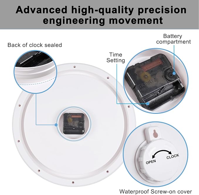 13 Inch Outdoor Full Waterproof Clock Bathroom Wall Clocks Waterproof Clocks for Patio Pool Garden Indoor Outdoor, White