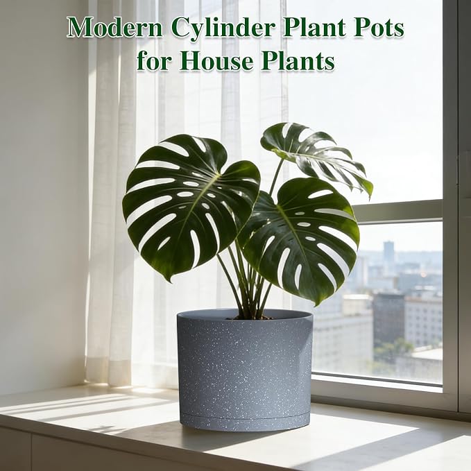 Plant Pots, 10/9/8 Inch 3 Pack Cylindrical Flower Pots with Drainage Holes and Saucers, Plastic Planters for Outdoor Indoor Plants,Grey with White Speckles