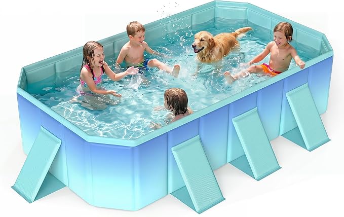 Goplus Foldable Non-Inflatable Swimming Pool, Portable Rectangle Around Ground Pool with 24 Hard Shell, Drain Hose, Outdoor Collapsible Kiddie Pool for Backyard Garden (Mint Green,99x52 in)
