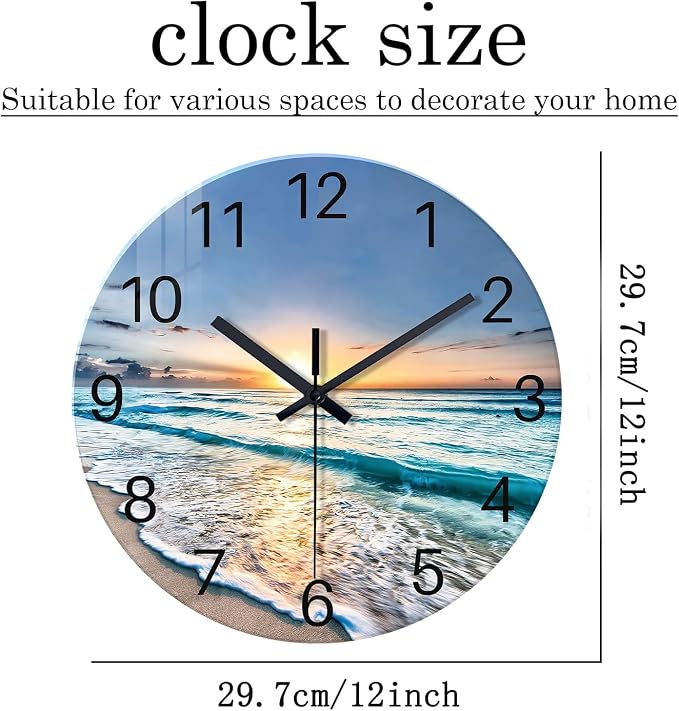 Blue Beach Wall Clocks Battery Operated 12 Inch | Analog Glass Wall Clock for Living Room Bedroom Bathroom Kitchen Office Decor Wall Clock Silent