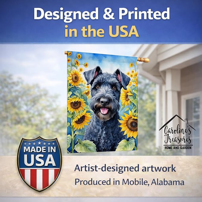 Caroline's Treasures DAC6106CHF Kerry Blue Terrier in Sunflowers House Flag Large Porch Sleeve Pole Decorative Outside Yard Banner Artwork Wall Hanging, Polyester, House Size, Multicolor