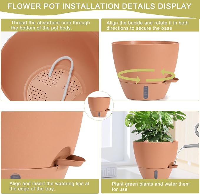 4 Pack Plant Pots,12/10/9/8/ Inch Self Watering Pots for Indoor/Outdoor Plants Deep Reservoir,Nursery Planting Pot for Indoor Out Door Plants (Terracotta,12/10/9/8/ Inch)