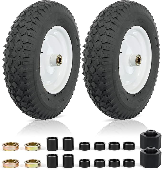 MZREXN 4.80/4.00-8" Tire and Wheel, 16" Pneumatic Wheelbarrow Tire | 5/8"&3/4" Bearings,3"-7"Centered Hub,Fit Hand Truck/Garden Carts/Yard Wagon/Utility Carts/Dolly/Trolley,White 2pcs