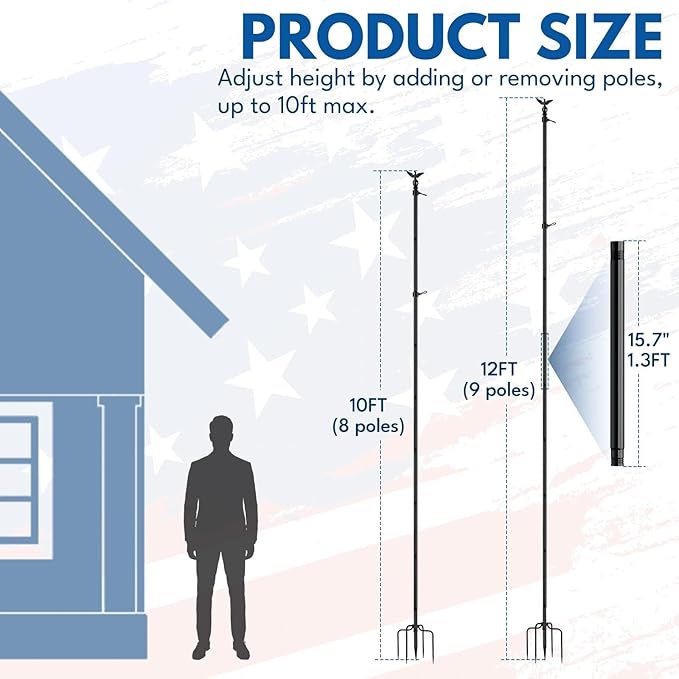 LETSTRY 12 FT In-Ground Flag Pole for Outside House, Heavy Duty Wind Resistant Flagpole with Upgraded 5-Prong Base,Portable Mount Flapoles Kit for Yard, Garden Decor, Residential Commerical, Black