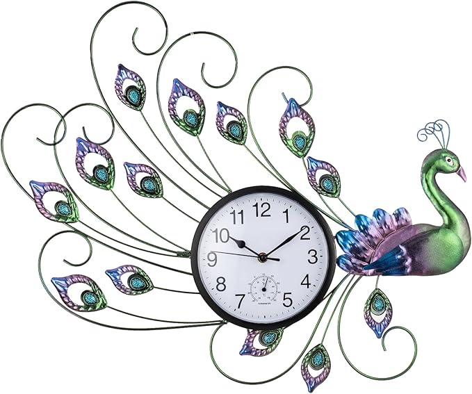 Unique Outdoor Clock Silent None-Ticking, Outdoor Wall Clock with Thermometer, Waterproof Outside Clock for Patio, Living Room, Kitchen (Green & Blue)