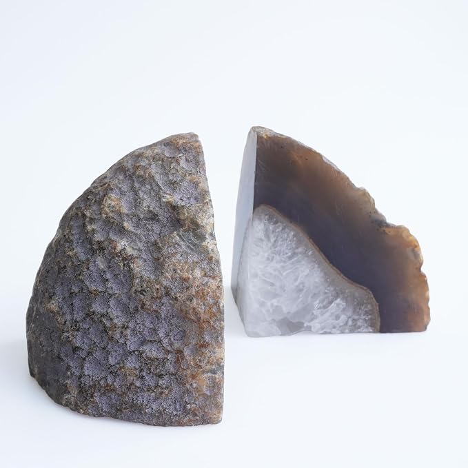 Natural Agate Geode Bookends - 4 to 5 lb Heavy Duty Rock Crystal Stone Book Ends for Shelves, with Rubber Bumpers, Decorative Book Holders for Home Office