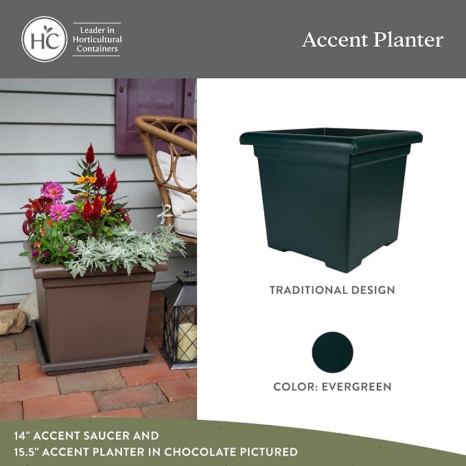 The HC Companies 15.5 Inch Accent Square Plant Pots with Drainage, Lightweight UV-Resistant Plastic Planters for Indoor & Outdoor Plants, 2-Pack Flower Pots for Garden, Office & Home Decor, Evergreen