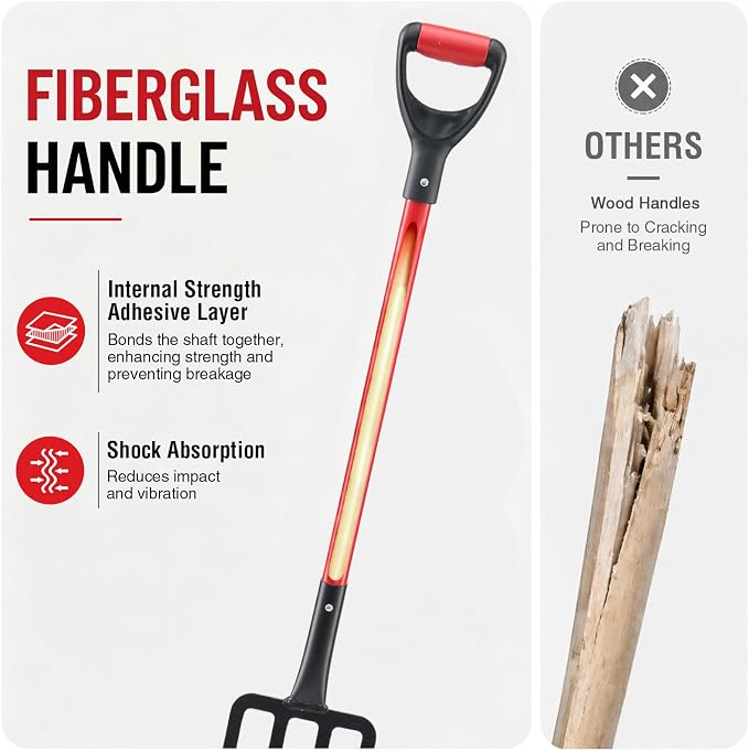 Heavy Duty Garden Fork, 4-Tine Digging Fork with Ergonomic Fiberglass Handle, Pitch Fork, 44 Inch Spading Fork for Compost, Mulch, Hay & Soil