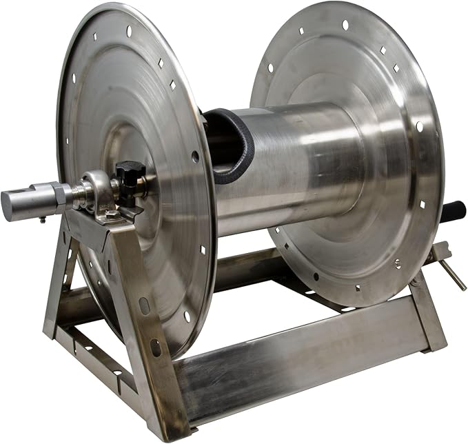 General Pump DHRA50300SS 3/8" x 300' Stainless Steel Hose Reel with Flat Sidewalls, A-frame, Pin Lock and Brake, Swivel Inlet, 5000 Psi (300 Feet Capacity)