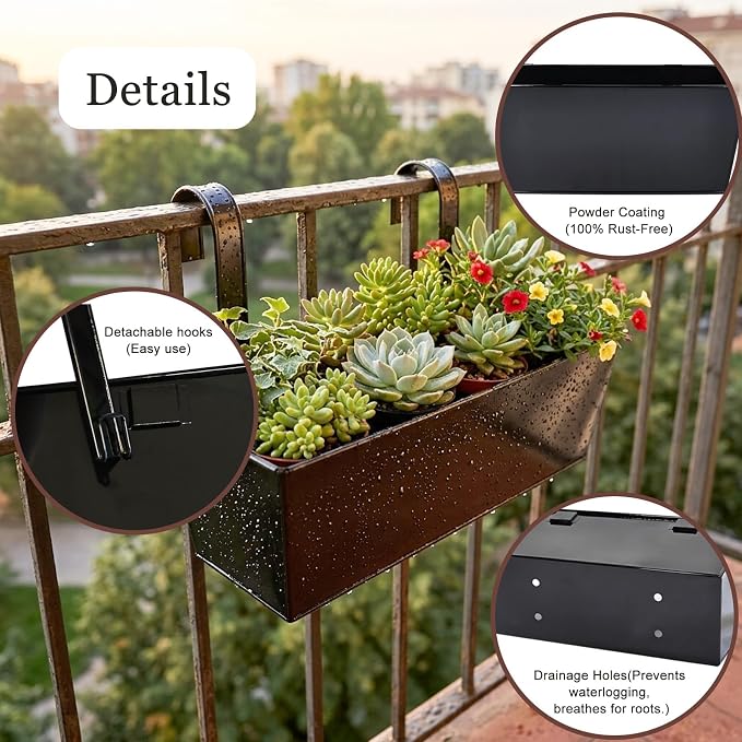 Outdoor Railing Hanging Planter Pot, 17" Metal Planter Pots for Plants, Fence Flower Pot for Porch Balcony with Detachable Hook & Drainage Hole (Rectangular-Black, Pack of 6)