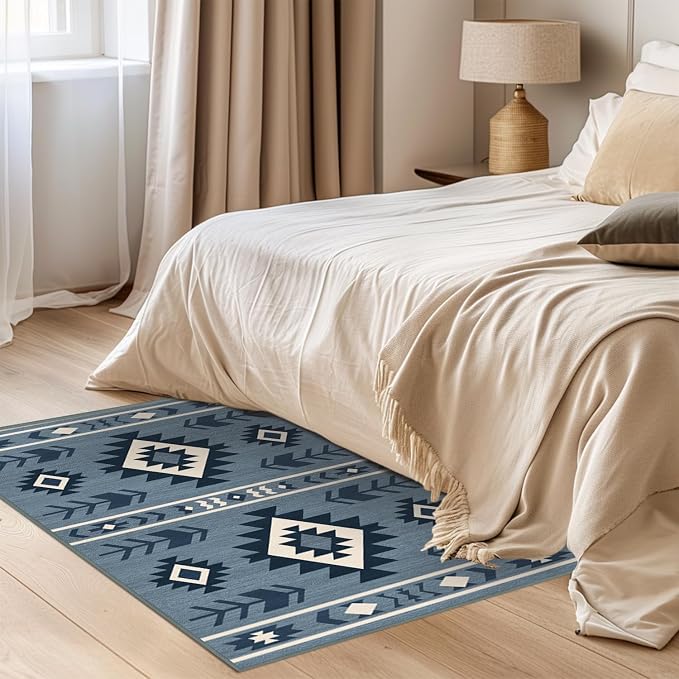 Western Area Rug 4x6 for Living Room, Southwestern Aztec Tribal Area Rugs Southwest Navajo Machine Washable Rug Non-Slip Printed Low-Pile Floor Carpet for Bedroom Dining Room Office, Blue