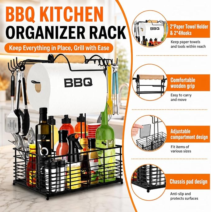 Grill Caddy, BBQ Caddy for Outdoor Grill, Upgraded Camping Accessories with Windproof Paper Towel Holder, Camping Essentials, Outdoor Kitchen BBQ Grill Accessories for Camper, Grilling Gifts for Men