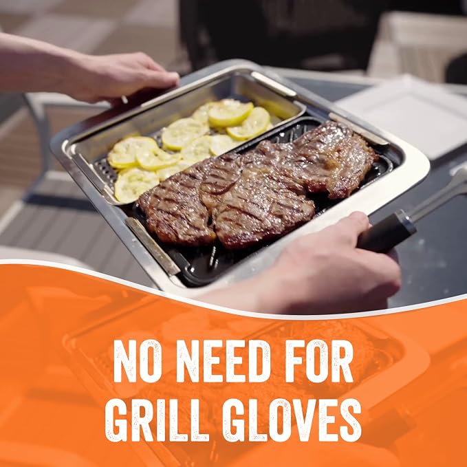Yukon Glory Cast Iron & Stainless Grill Set | Grooved Cast Iron Pan, Stainless Serving Station & Clip-On Handle | Pre-Seasoned | Grill to Table | Gas, Charcoal & Campfire | Gift