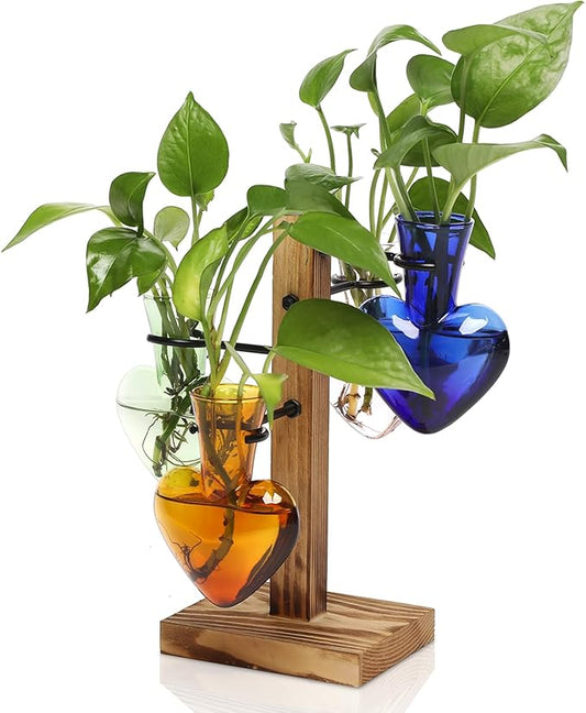Plant Terrarium Propagation Stations with Wooden Stand | Glass Vase for Indoor Hydroponics Home Garden Office Decoration Gift for Women - 4 Love Bulb Vase