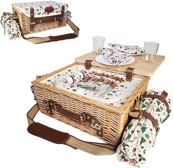 Wicker Picnic Basket Kit Set for 2 Adults with Blanket and Folding Wine Table,Multifunctional Picnic Set Insulated Portable Storage Capacity Full Tablewares,Camping,Outdoor,Wedding Gifts,Beach
