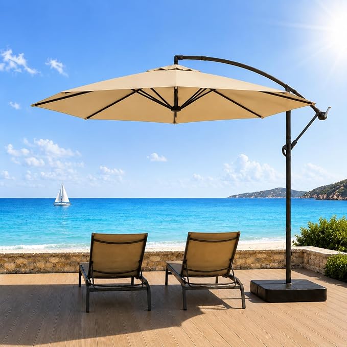 10FT Patio Umbrella with Base, Outdoor Umbrella Pool Umbrella Cantilever Umbrells - UV Protection, Easy Tilt & 360° Rotation for Poolside, Backyard & Garden